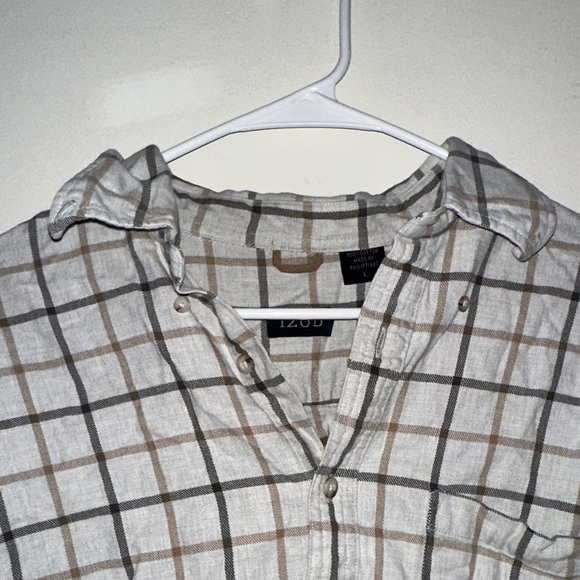 Izod Gray and Brown Plaid Casual Button Down Shirt - Picture 3 of 6